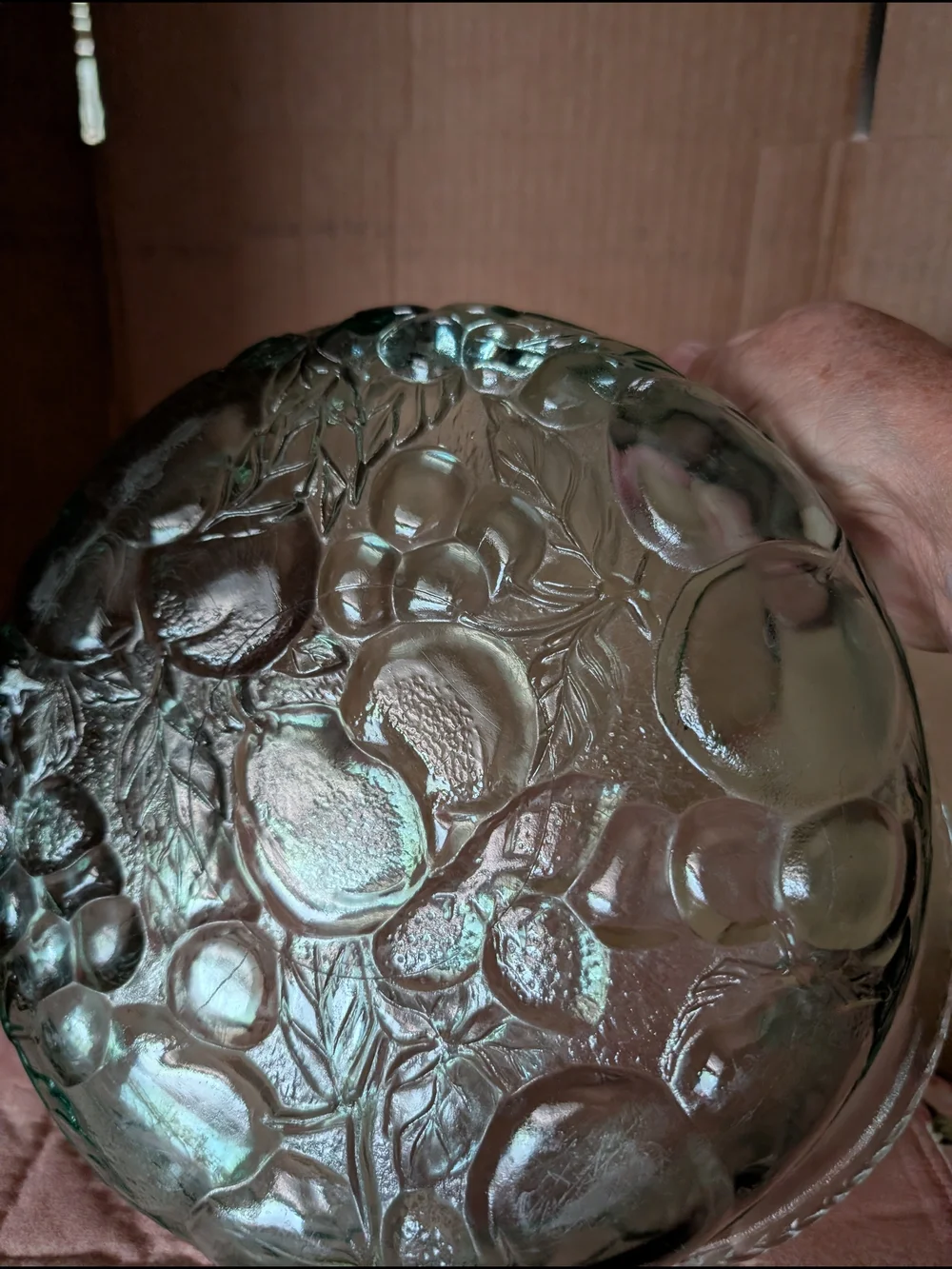 Libbey Green Pressed Glass Fruit Pattern Bowl